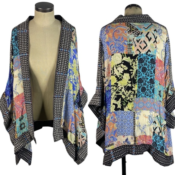 John Mark Embroidered Trim Patchwork Kimono Cardigan XL Blue Black Multi Color - Picture 11 of 11